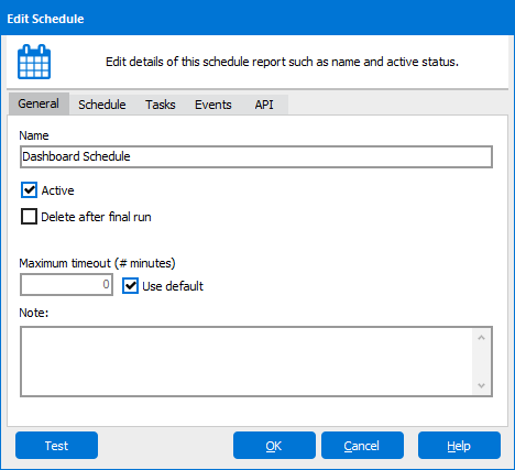 The Edit Schedule dialog with the General tab selected. Within this tab you can enter the name of the Schedule, specify if the schedule is active, and whether to delete schedule after the final run.